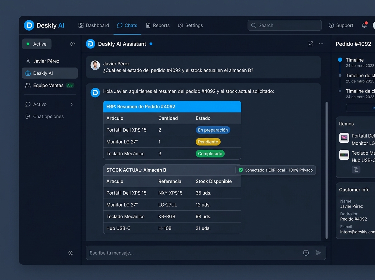 Interfaz de Software de Chat Corporativo Deskly conectado a ERP y CRM